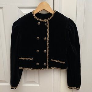 Vintage Embroidered Black Velvet Cropped Blazer with Shoulder Pads